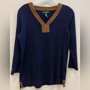 Lauren Ralph Lauren Navy and Brown Suede V-Neck Long Sleeve Top Medium